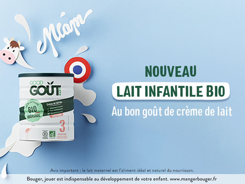 Publicité pour un nouveau lait infantile bio de la marque "Good Goût", en boîte, avec la mention "Au bon goût de crème de lait". Le visuel est sur fond bleu avec des illustrations de lait, d’une vache et d’un drapeau français. Slogan en haut : "Miam"