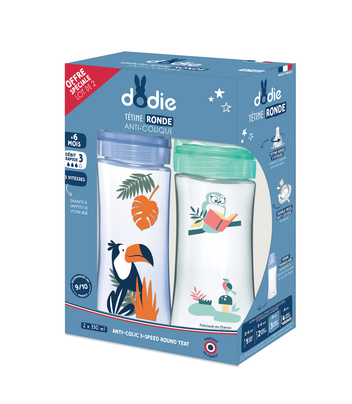 Dodie Lot de 2 biberons Tétine Ronde Anti-Colique 330mL - Débit 3