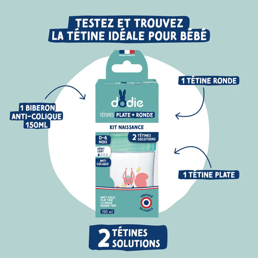 Dodie Biberon Kit Naissance Tétine Plate & Tétine Ronde Anti-Colique 150ml  - Débit 1