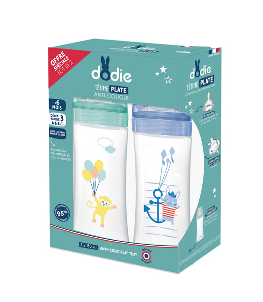 Dodie Lot de 2 biberons Tétine Plate Anti-Colique 330mL - Débit 3