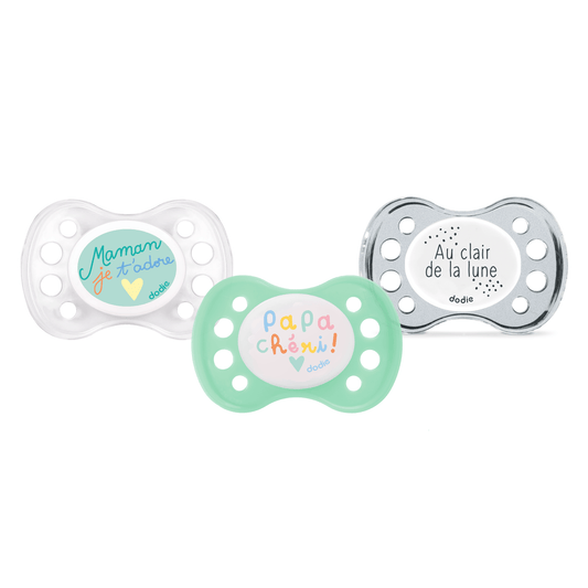 Dodie Lot de 3 sucettes anatomiques Jour/Nuit ESSENTIEL 0-6 mois VERT