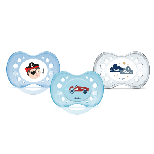 Dodie Lot de 3 sucettes anatomiques Jour/Nuit ESSENTIEL +6 mois BLEU