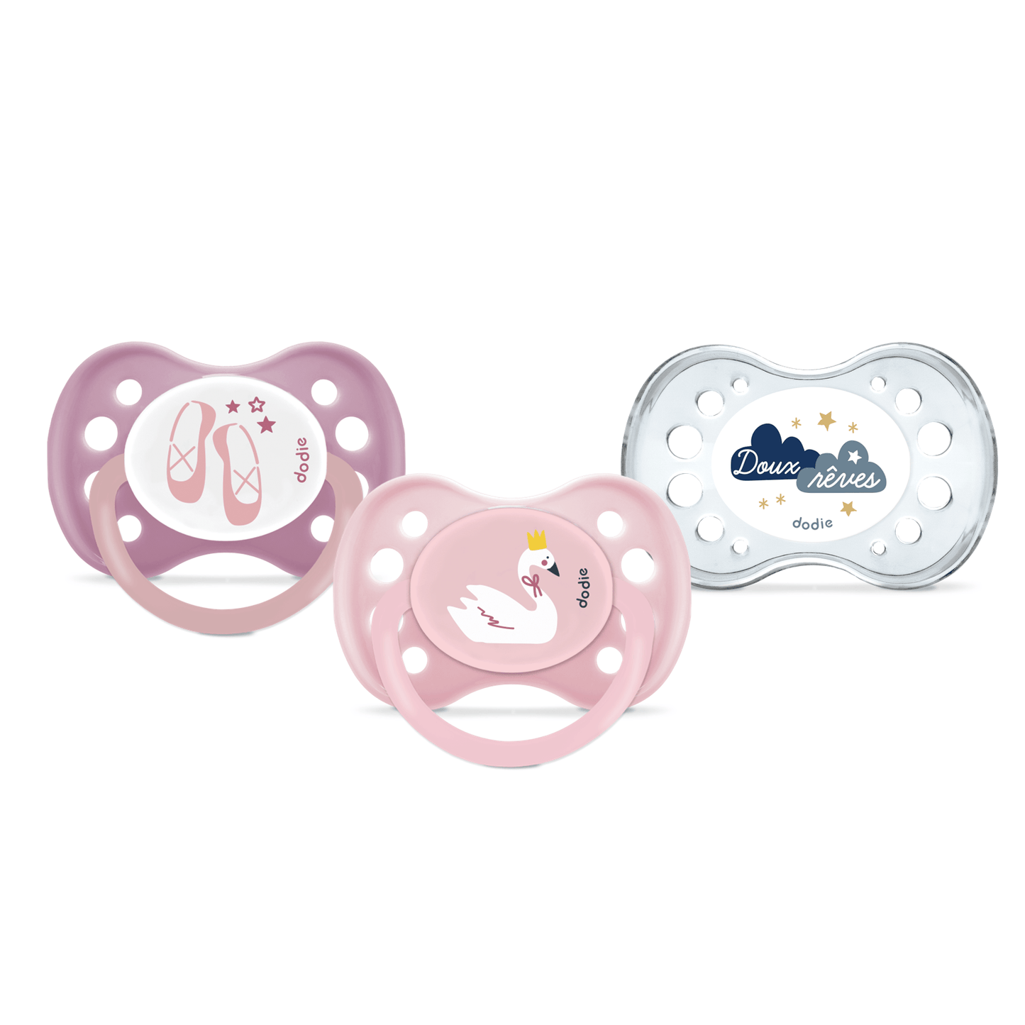 Dodie Lot de 3 sucettes anatomiques Jour/Nuit ESSENTIEL +6 mois ROSE